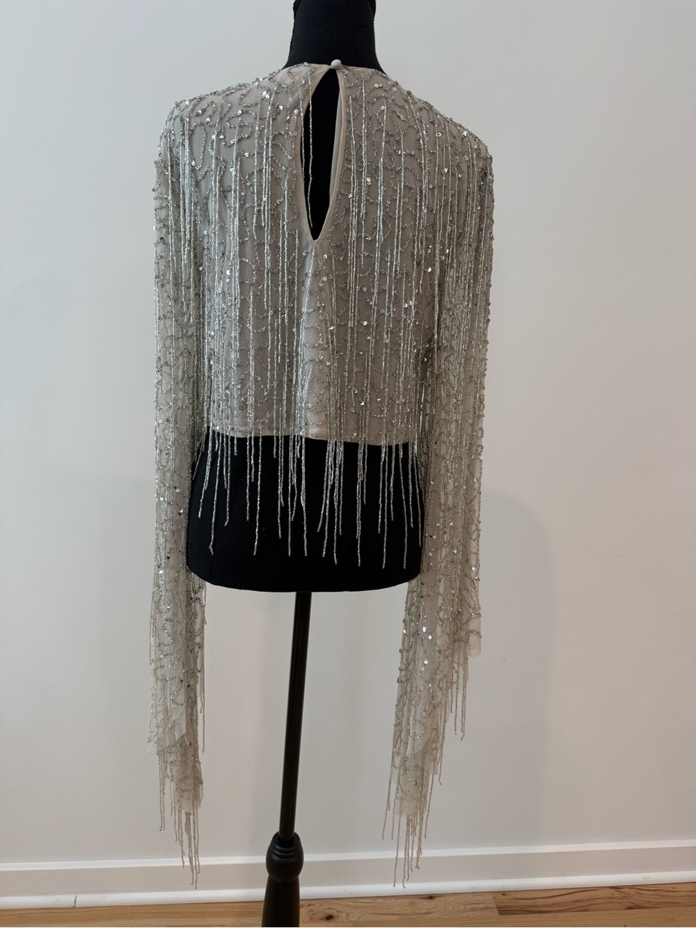 Nasty Gal Silver Beaded Fringe Top | Sequin Embellished Statement Blouse | US 8 - Picture 3 of 5